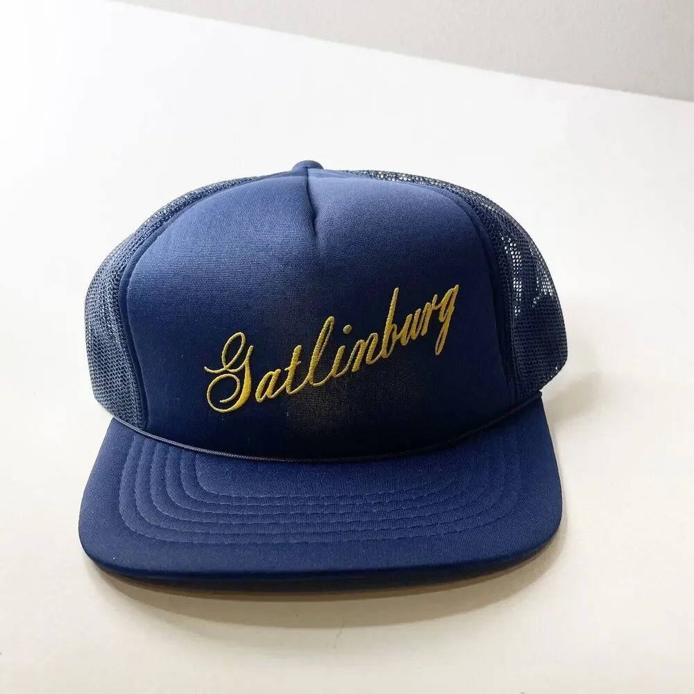 Vintage Navy Blue Trucker Hat Snap Back Mesh Ball Cap Gatlinburg Tennessee - Picture 10 of 16